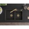 Mexen Tomas Granitspüle 2-Kammern mit Küchenarmatur Duero, Schwarz/Gold Metallic - 6516-75-671600-50