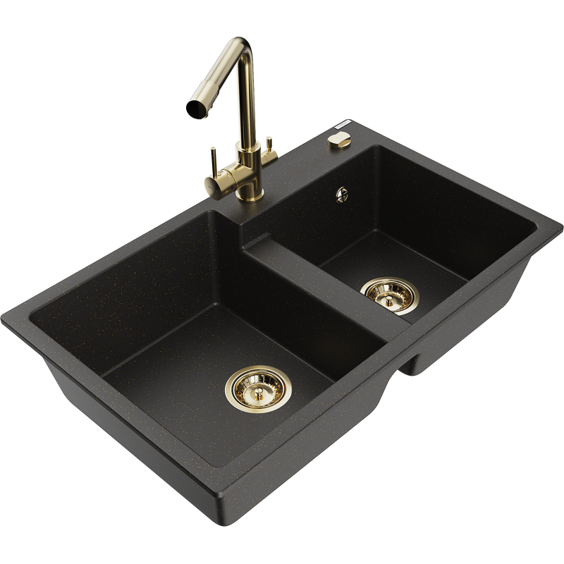 Mexen Tomas Granitspüle 2-Kammern mit Küchenarmatur Duero, Schwarz/Gold Metallic - 6516-75-671600-50