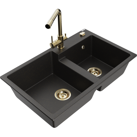 Mexen Tomas Granitspüle 2-becken mit Küchenarmatur Duero, schwarz/gold metallisch - 6516-75-671600-50