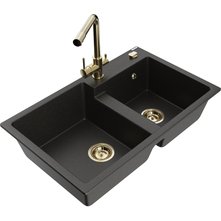 Mexen Tomas Granitspüle 2-Kammern mit Küchenarmatur Duero, Schwarz/Gold Metallic - 6516-75-671600-50