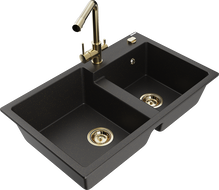 Mexen Tomas Granitspüle 2-Kammern mit Küchenarmatur Duero, Schwarz/Gold Metallic - 6516-75-671600-50