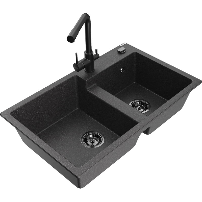 Mexen Tomas 2-Kammer-Granitatsspüle mit Küchenarmatur Duero, schwarz gesprenkelt - 6516-76-671600-70-B