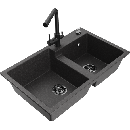 Mexen Tomas 2-Kammer-Granitatsspüle mit Küchenarmatur Duero, schwarz gesprenkelt - 6516-76-671600-70-B