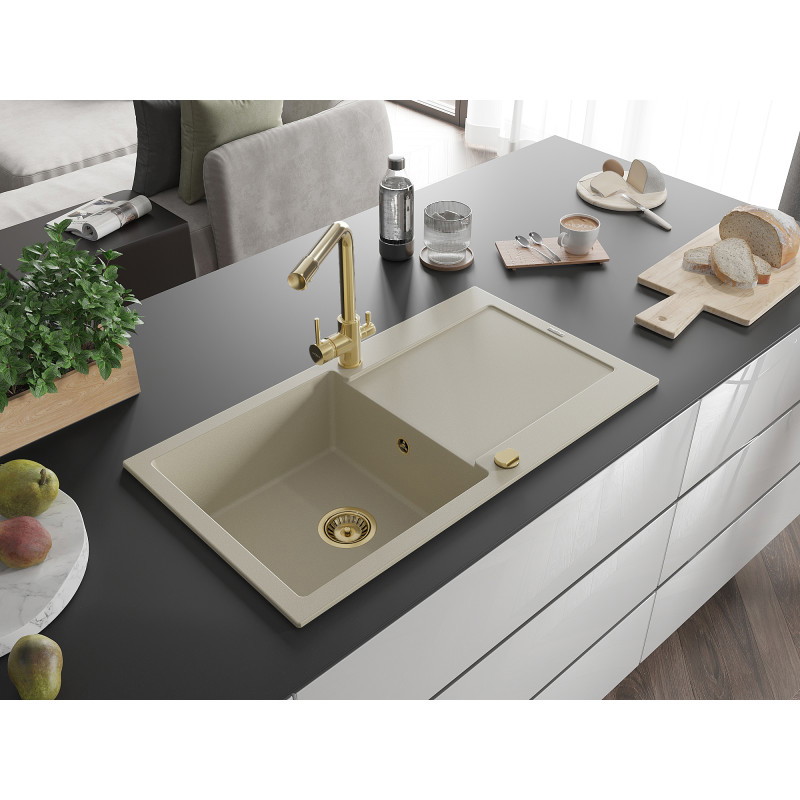 Mexen Leo Einzelbecken-Küchenspüle aus Granit mit Abtropffläche und Küchenarmatur Duero, beige - 6501-69-671600-50