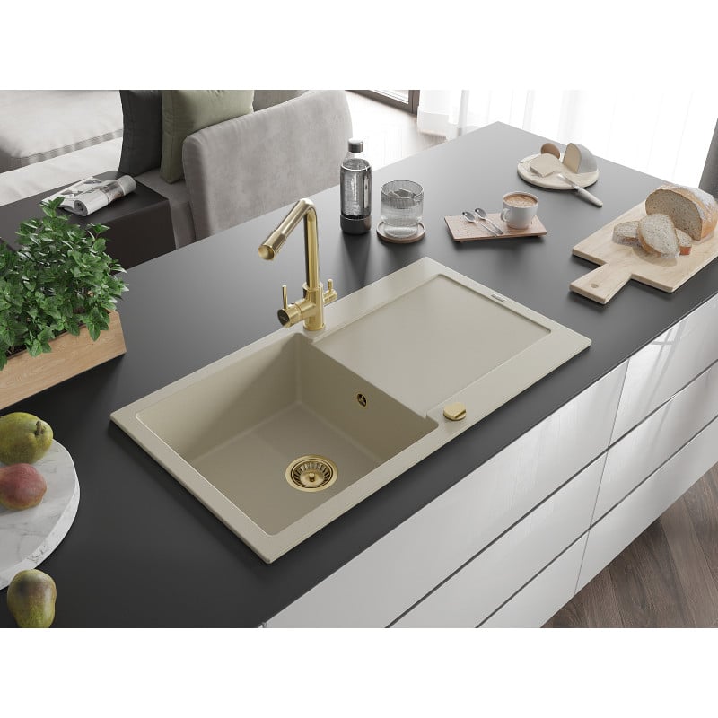 Mexen Leo Granitspüle 1-Becken mit Abtropffläche und Küchenarmatur Duero, beige- 6501-69-671600-50