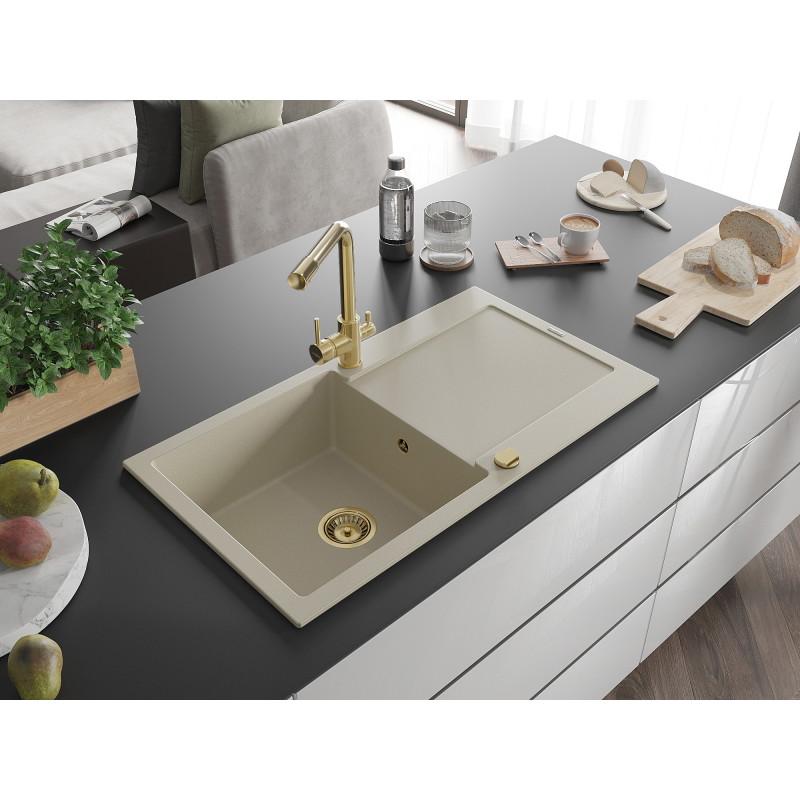 Mexen Leo Granitspüle 1-beckig mit Abtropffläche und Küchenarmatur Duero, beige - 6501-69-671600-50