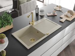 Mexen Leo Granitspüle 1-beckig mit Abtropffläche und Küchenarmatur Duero, beige - 6501-69-671600-50