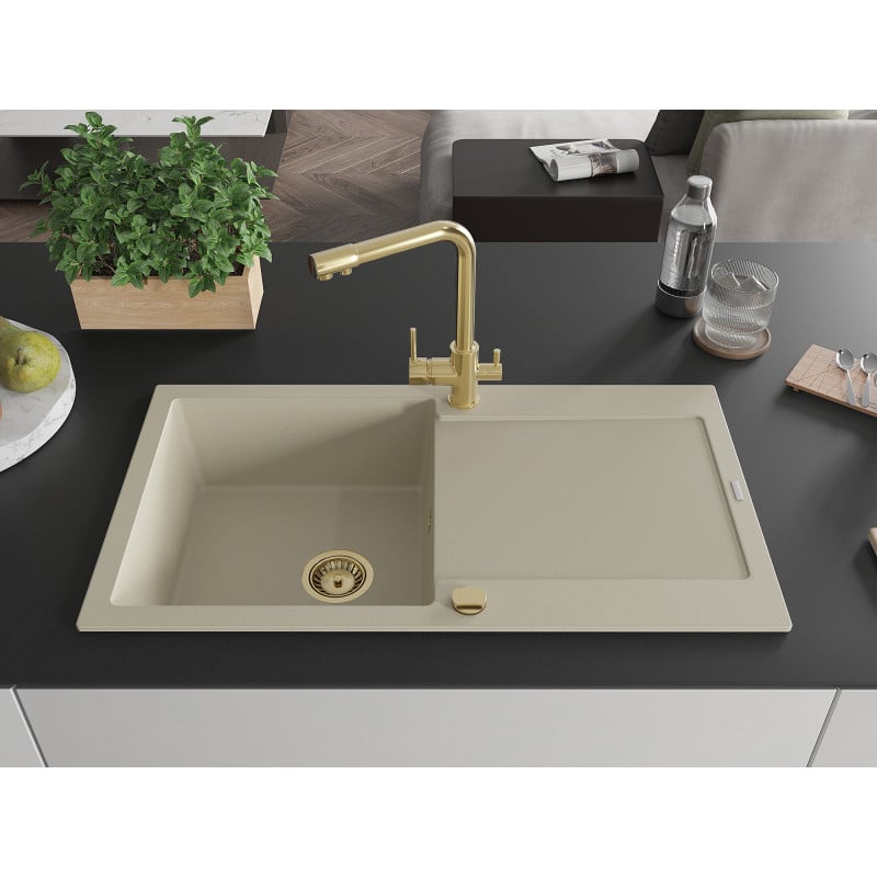 Mexen Leo Granitspüle 1-Becken mit Abtropffläche und Küchenarmatur Duero, beige- 6501-69-671600-50