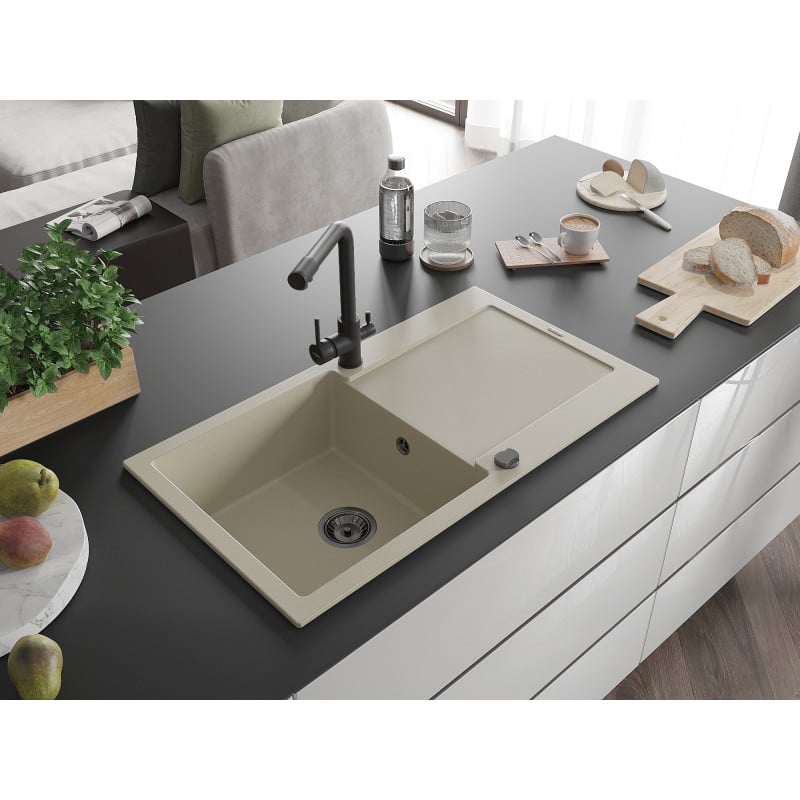 Mexen Leo Granitspüle 1-beckig mit Abtropffläche und Küchenarmatur Duero, beige- 6501-69-671600-70