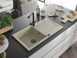 Mexen Leo Granitspüle 1-beckig mit Abtropffläche und Küchenarmatur Duero, beige- 6501-69-671600-70