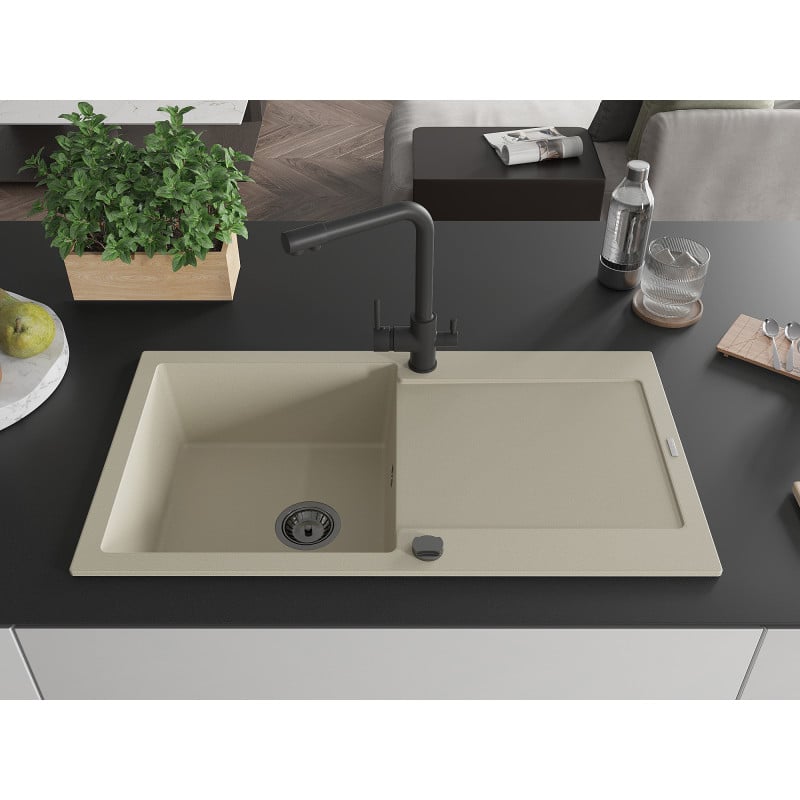 Mexen Leo Granitspüle 1-beckig mit Abtropffläche und Küchenarmatur Duero, beige- 6501-69-671600-70