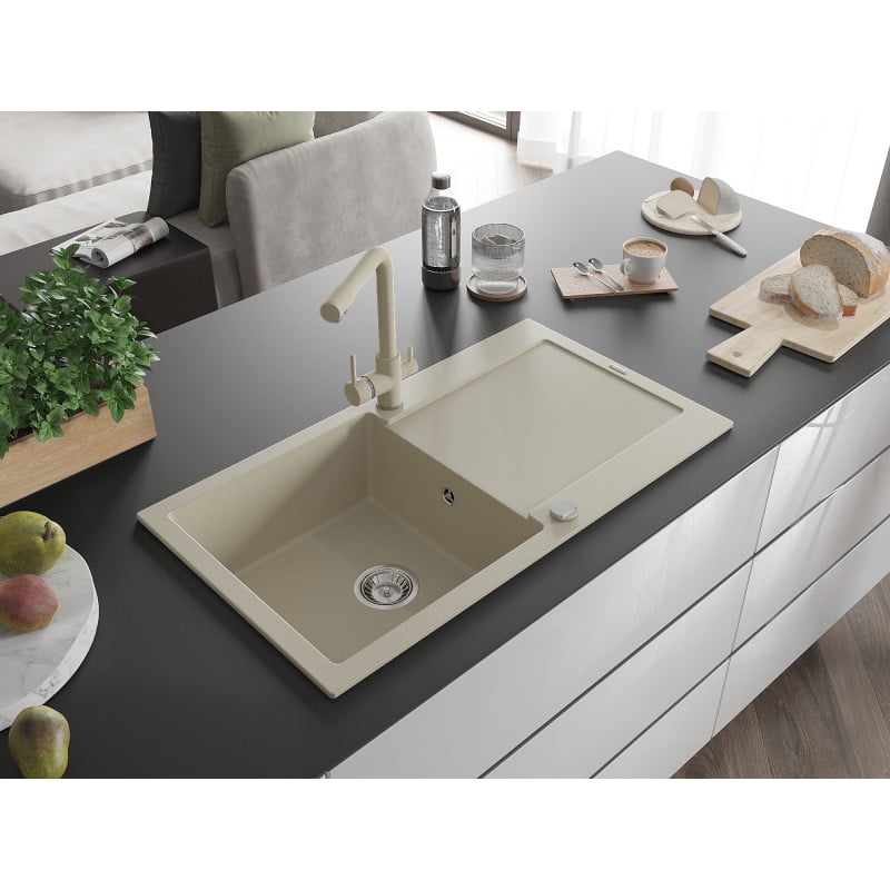 Mexen Leo Granitspüle 1-Becken mit Abtropffläche und Küchenarmatur Duero, beige- 6501-69-671600-69