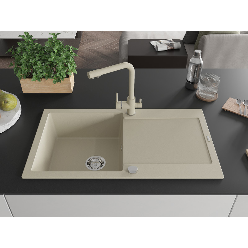 Mexen Leo 1-Becken Granitspüle mit Abtropffläche und Küchenarmatur Duero, Beige - 6501-69-671600-69