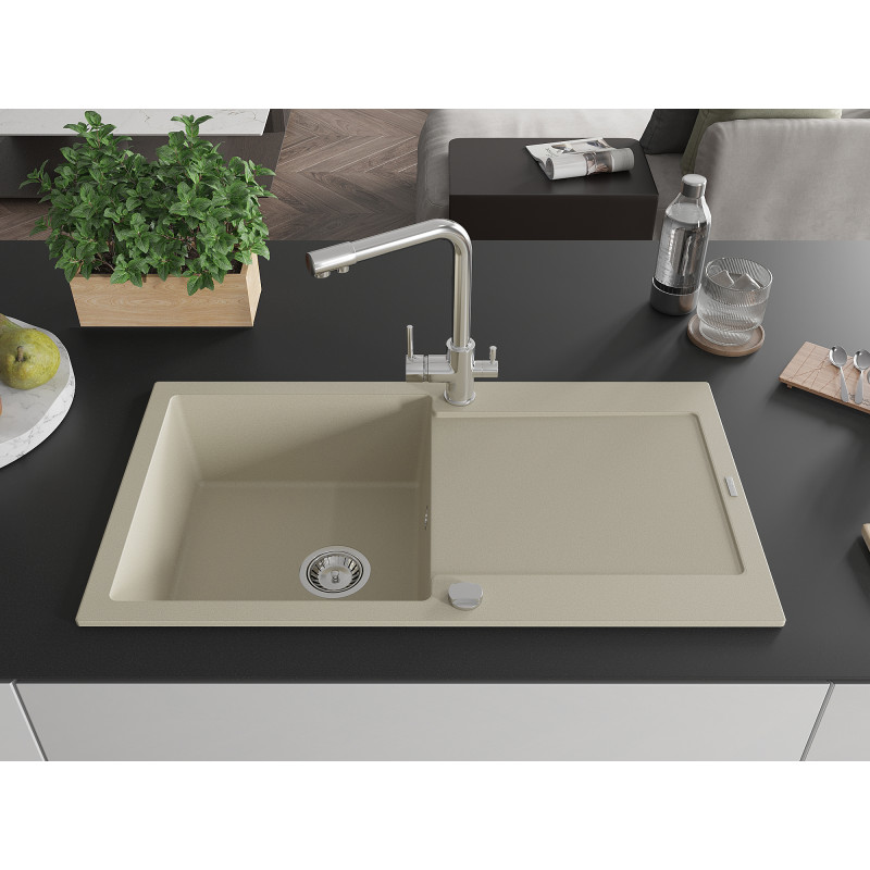 Mexen Leo Granitspüle 1-becken mit Abtropffläche und Küchenarmatur Duero, beige- 6501-69-671600-00