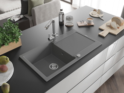 Mexen Leo Einbauküche Granitspüle 1-Becken mit Abtropffläche und Küchenarmatur Duero, grau - 6501-71-671600-00