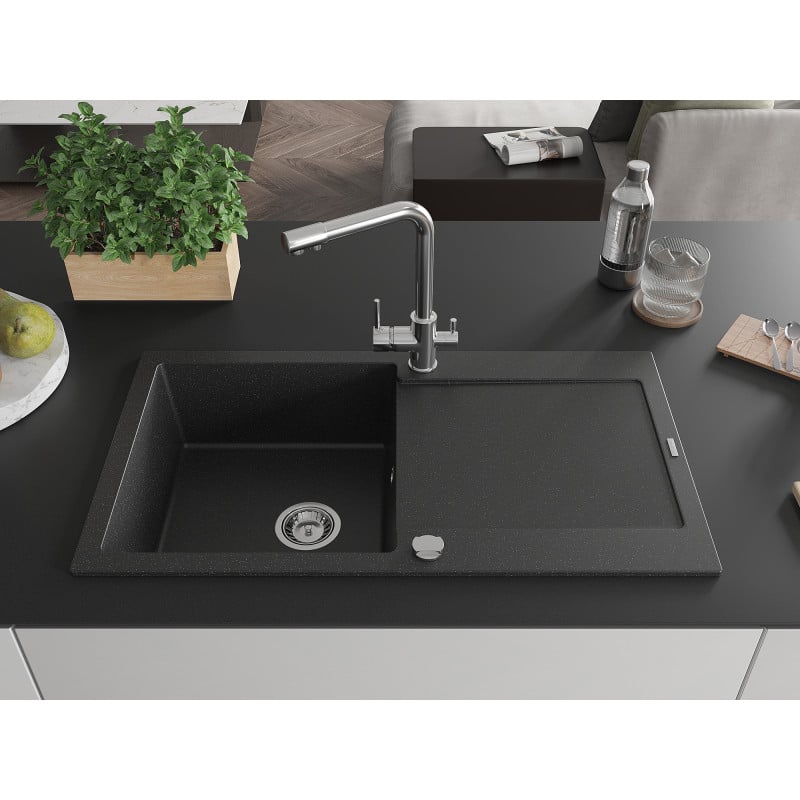 Mexen Leo Granitspüle 1-Becken mit Abtropffläche und Küchenarmatur Duero, schwarz/silber Metallic - 6501-73-671600-00