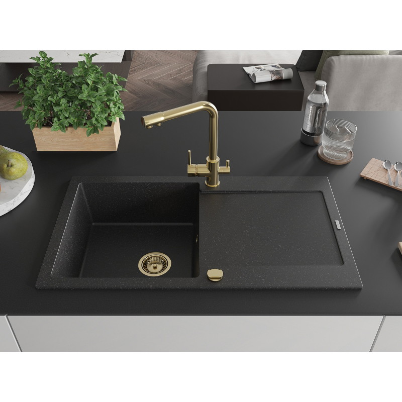 Mexen Leo Einbeckiger Granitspülbecken mit Abtropffläche und Küchenarmatur Duero, schwarz/silberner Metallic-Look