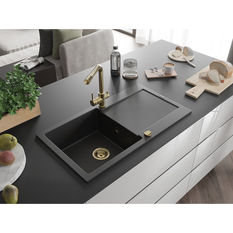 Mexen Leo Granitspüle 1-Becken mit Abtropffläche und Küchenarmatur Duero, schwarz/silber metallic - 6501-73-671600-50