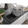 Mexen Leo Granitspüle 1-Becken mit Abtropffläche und Küchenarmatur Duero, schwarz/silber metallic - 6501-73-671600-70-B