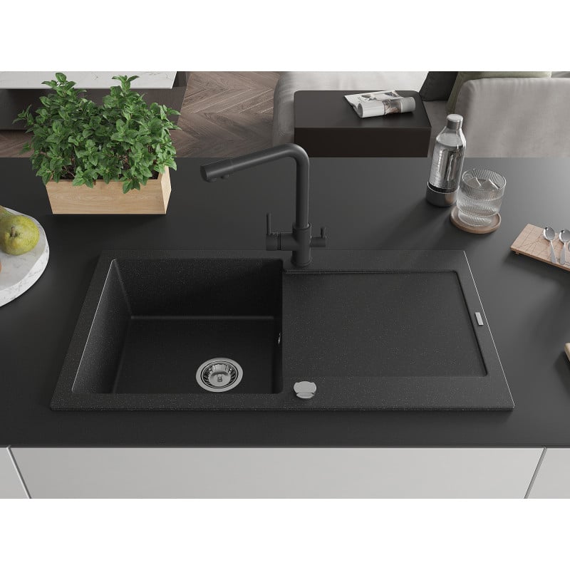 Mexen Leo Granitspüle 1-beckig mit Abtropffläche und Küchenarmatur Duero, schwarz/silber metallic - 6501-73-671600-70