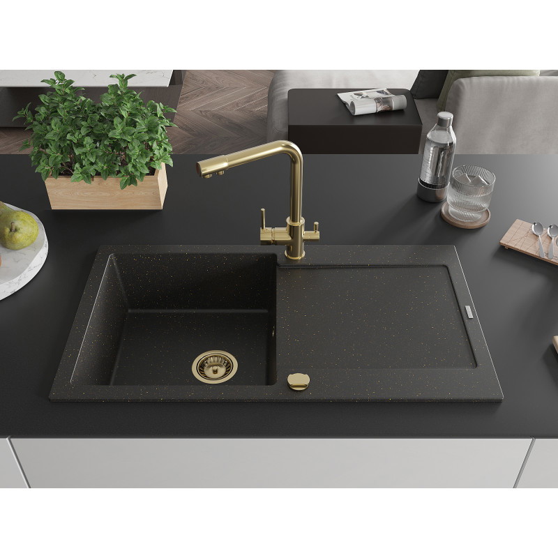 Mexen Leo Granitspüle 1-beckig mit Abtropffläche und Küchenarmatur Duero, Schwarz/Gold Metallic - 6501-75-671600-50