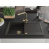 Mexen Leo einzelner Granitspülbecken mit Abtropffläche und Küchenarmatur Duero, schwarz/goldener Metallic - 6501-75-671600-50