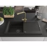 Mexen Leo Granitspüle 1-Becken mit Abtropffläche und Küchenarmatur Duero, schwarz/gold metallic - 6501-75-671600-50-B
