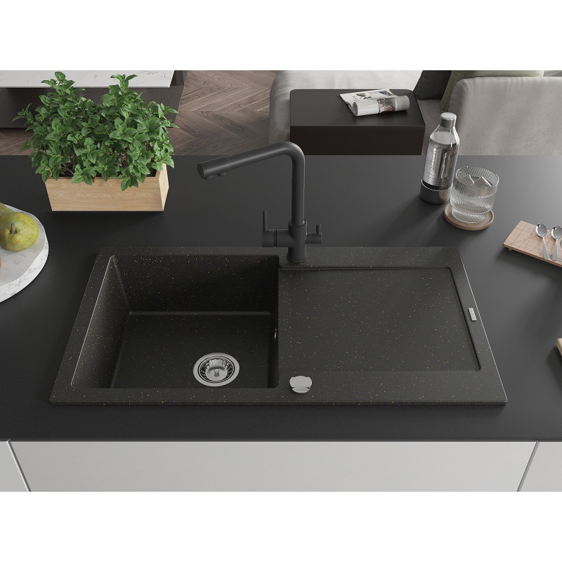 Mexen Leo granitspüle einbecken mit abtropffläche und küchenarmatur Duero, schwarz/gold metallic - 6501-75-671600-70