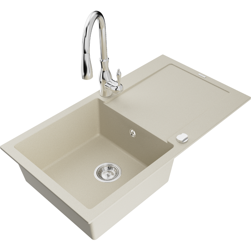 Mexen Leo 1-Kammer Granitspüle mit Abtropffläche und Küchenarmatur Savita, beige - 6501-69-672601-00