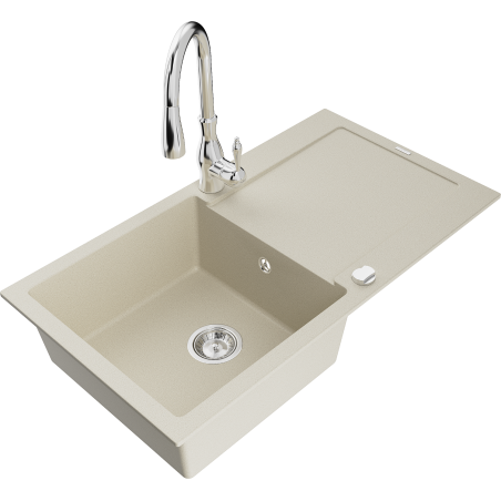 Mexen Leo 1-Kammer Granitspüle mit Abtropffläche und Küchenarmatur Savita, beige - 6501-69-672601-00