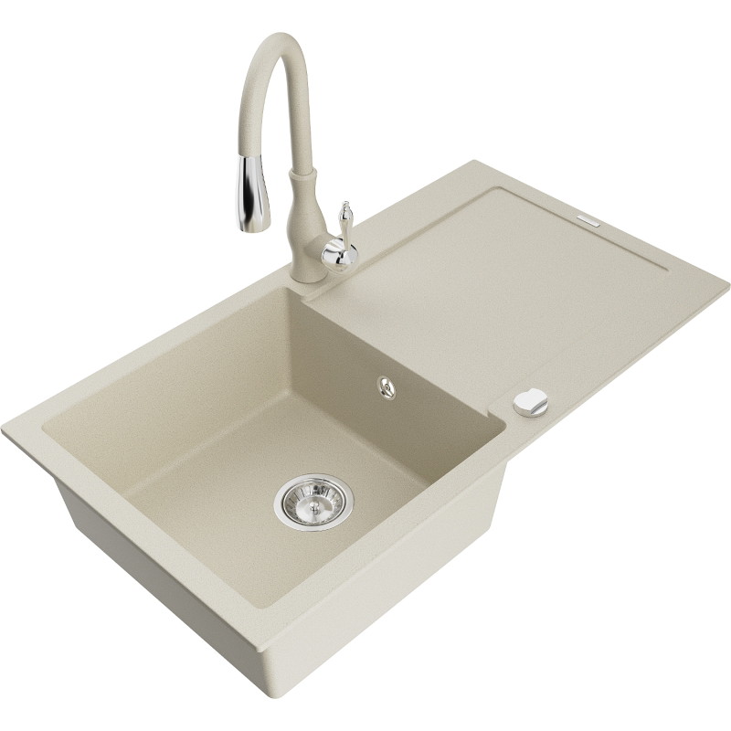 Mexen Leo 1-Kammer-GranitsSpüle mit Abtropffläche und Küchenarmatur Savita, beige - 6501-69-672601-69