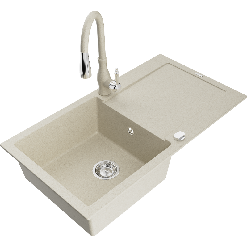 Mexen Leo Granitspüle 1-beckig mit Abtropffläche und Küchenarmatur Savita, beige - 6501-69-672601-69