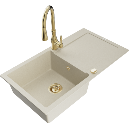 Mexen Leo Granitspüle, 1-Becken mit Abtropffläche und Küchenarmatur Savita, beige - 6501-69-672601-50