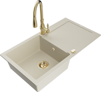 Mexen Leo Granitspüle 1-beckig mit Abtropffläche und Küchenarmatur Savita, beige - 6501-69-672601-50