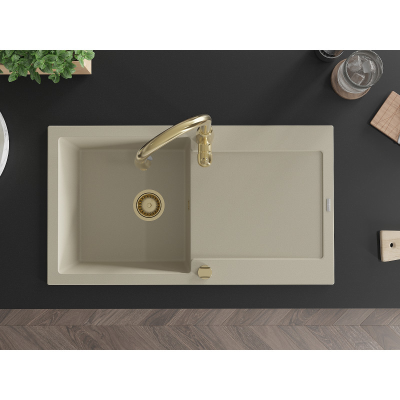 Mexen Leo Granitspüle 1-beckig mit Abtropffläche und Küchenarmatur Savita, beige - 6501-69-672601-50