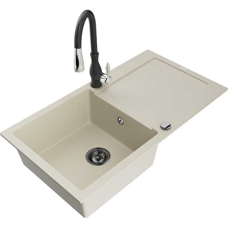 Mexen Leo 1-Kammer Granit-Spüle mit Abtropffläche und Küchenarmatur Savita, beige - 6501-69-672601-70