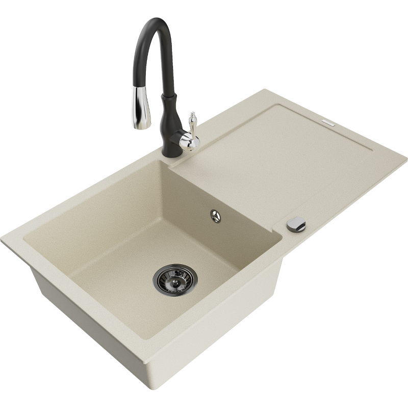 Mexen Leo Granitspüle mit 1 Becken, Abtropffläche und Küchenarmatur Savita, beige - 6501-69-672601-70