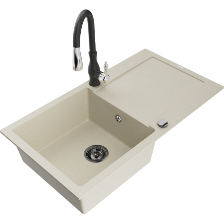 Mexen Leo Granitspüle 1-Kammer mit Abtropffläche und Küchenarmatur Savita, beige - 6501-69-672601-70