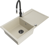 Mexen Leo Granitspüle 1-Kammer mit Abtropffläche und Küchenarmatur Savita, beige - 6501-69-672601-70