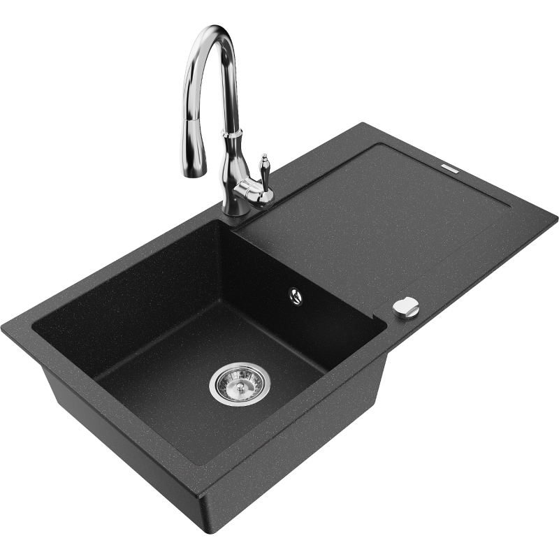 Mexen Leo Granitspüle 1-Becken mit Abtropffläche und Küchenarmatur Savita, schwarz/silber metallic - 6501-73-672601-00
