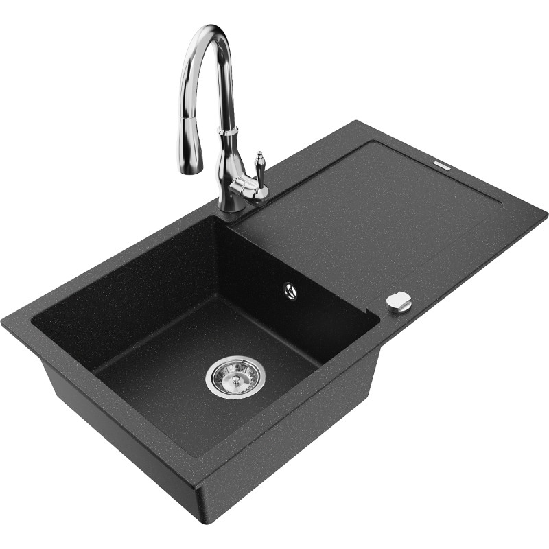 Mexen Leo Granitspüle 1-beckig mit Abtropffläche und Küchenarmatur Savita, schwarz/silbermetallic - 6501-73-672601-00