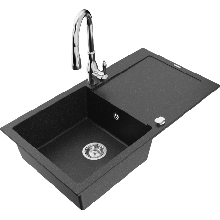 Mexen Leo Granitspüle 1-Becken mit Abtropffläche und Küchenarmatur Savita, schwarz/silber metallic - 6501-73-672601-00