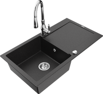 Mexen Leo Granitspüle 1-Becken mit Abtropffläche und Küchenarmatur Savita, schwarz/silber metallic - 6501-73-672601-00