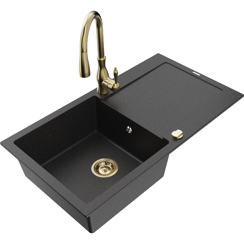 Mexen Leo granitspüle einbecken mit abtropffläche und küchenarmatur Savita, schwarz/silber metallic - 6501-73-672601-50