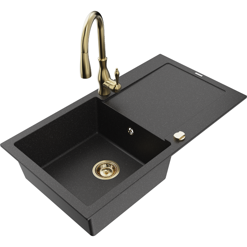 Mexen Leo Granitspüle mit 1 Becken und Abtropffläche sowie Küchenarmatur Savita, schwarz/silber metallic - 6501-73-672601-50