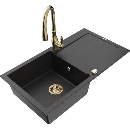 Mexen Leo granitspüle einbecken mit abtropffläche und küchenarmatur Savita, schwarz/silber metallic - 6501-73-672601-50