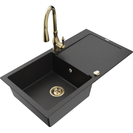 Mexen Leo Granitspüle mit 1 Becken und Abtropffläche sowie Küchenarmatur Savita, schwarz/silber metallic - 6501-73-672601-50