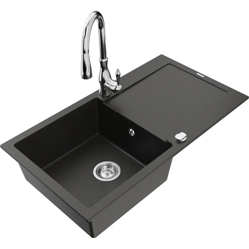 Mexen Leo Granitspüle 1-Becken mit Abtropffläche und Küchenarmatur Savita, schwarz/gold metallic - 6501-75-672601-00
