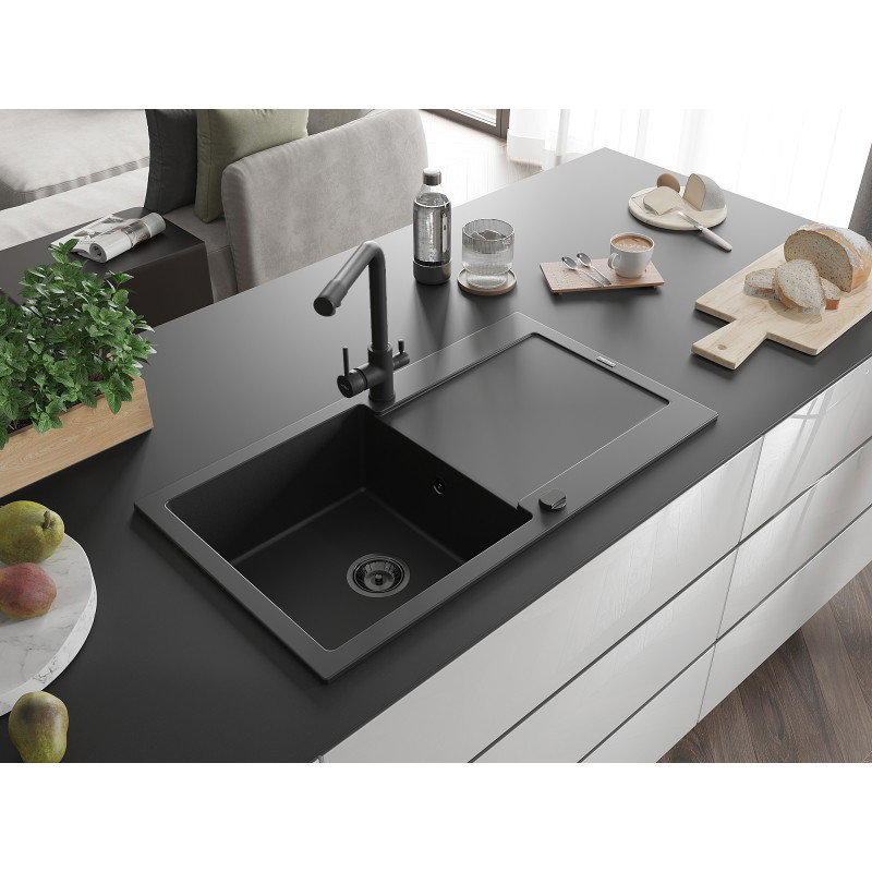 Mexen Leo Einzelbecken-Granitspüle mit Abtropffläche und Küchenarmatur Duero, schwarz - 6501-77-671600-70-B