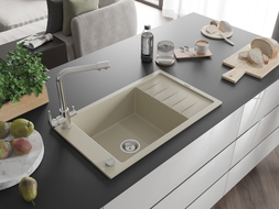 Mexen Elias Granitspüle 1-Kammer mit Abtropffläche und Küchenarmatur Duero, beige - 6511-69-671600-00